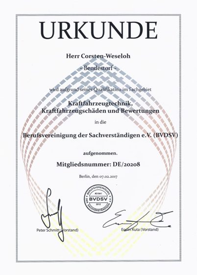 Urkunde — Mitglied der Berufsvereinigung der Sachverständigen (BVDSV)
