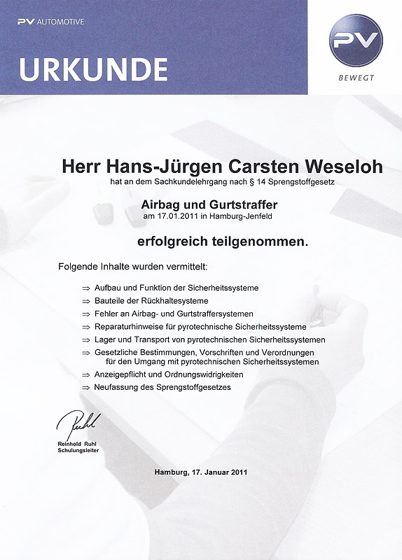 Urkunde Lehrgang: Airbag und Gurtstraffer