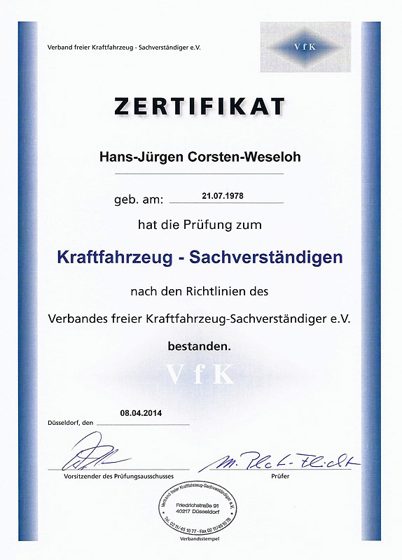 Zertifikat KFZ-Sachverständiger