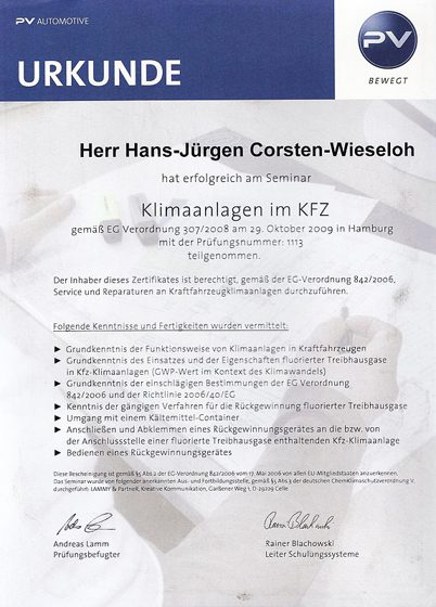 Urkunde Seminar: Klimaanlagen