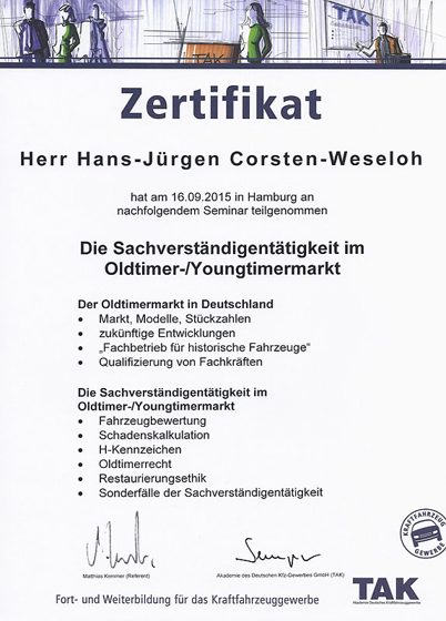 Zertifikat — Sachverständigentätigkeit im Oldtimer-/Youngtimermarkt
