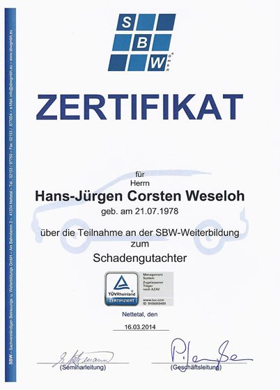Zertifikat Schadengutachter