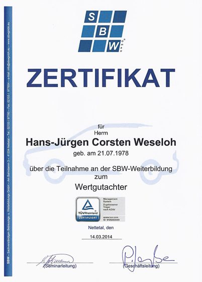 Zertifikat Wertgutachter