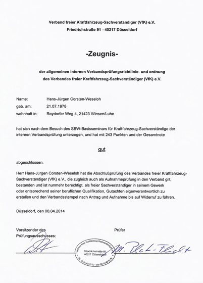 Zeugnis KFZ-Sachverständiger (Basis)