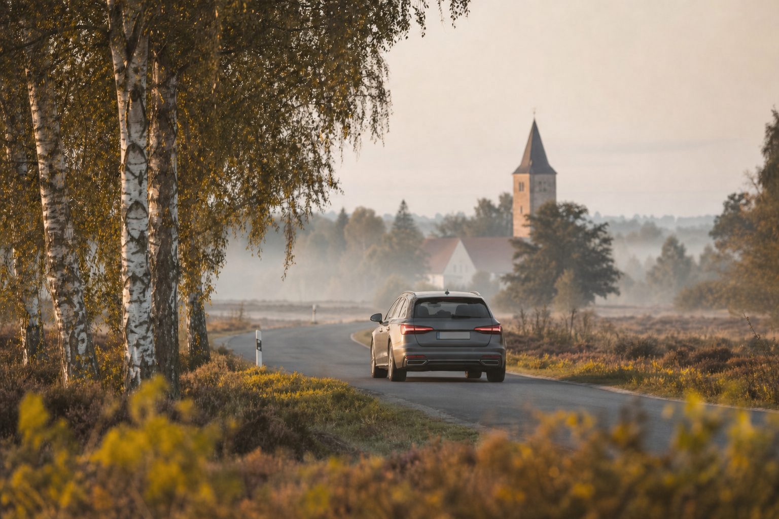 Begutachtungs-Kombi auf einer Landstraße im Nordheide, Morgennebel