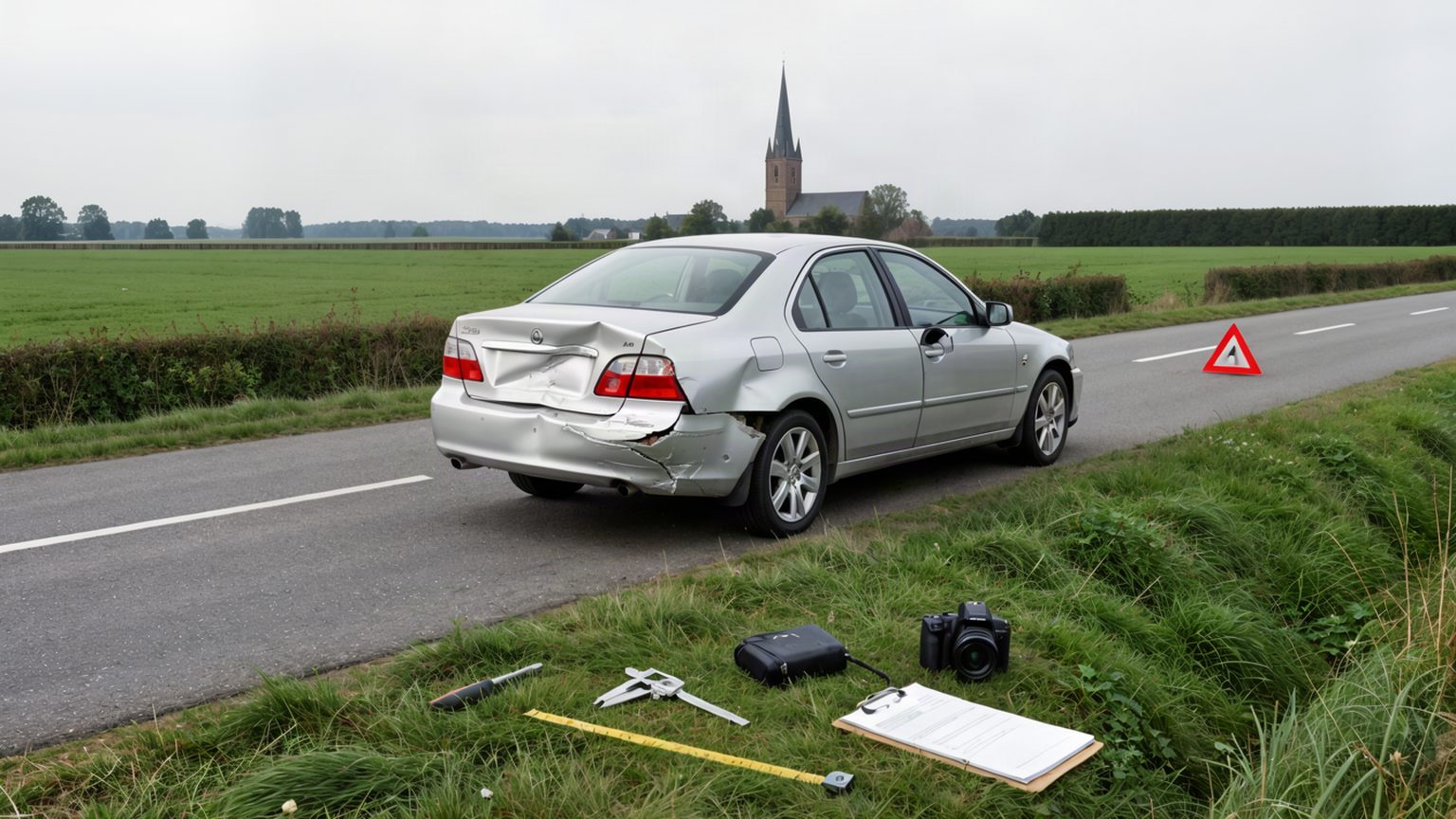 Verunfallter Pkw an einer Landstraße im Nordheide — Gutachter-Werkzeug (Messschieber, Kamera, Formulare) im Vordergrund